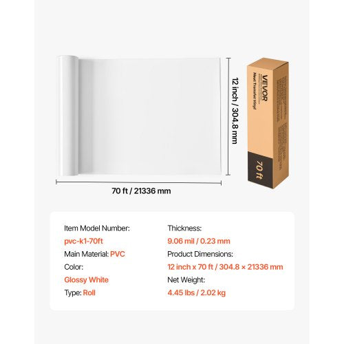 Heat Transfer Vinyl HTV Iron-On Vinyl Roll 304.8 x 21336 mm Glossy White | EU