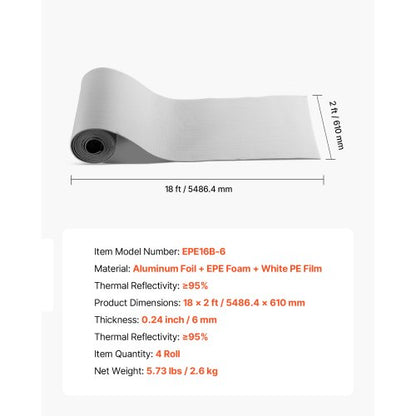 Reflekterande Isoleringsrulle, Värmeisoleringskit för Garageportar för 2 Bilar, 6 mm 5,49 m x 0,61 m, 4 Rullar Aluminiumfolie EPE Skumkärna Strålningsbarriär, Vit PE-Film Värmesköld för Garageportar |  EU