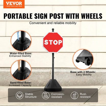 Cast Iron Sign Post 5 Foot Portable U Channel Sign Stand with Wheels Black