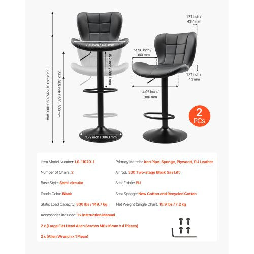 Barstolsset med 2, Moderna PU-läderpallar på bänkhöjd, Vridbar köksstol med ryggstöd och fotstöd, Höjdjusterbar armstödslös barstol, Barstolar med ö för kök, matsal, Svart |  EU