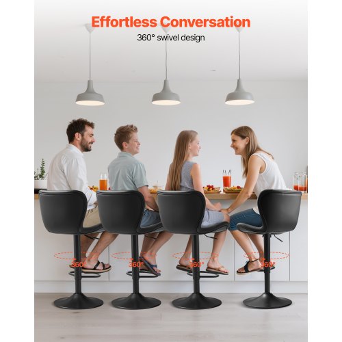Barstolsset med 4, Moderna PU-läderpallar med bänkhöjd, Vridbar köksstol med ryggstöd och fotstöd, Höjdjusterbar armstödslös barstol, Barstolar med ö för kök, matsal, Svart |  EU