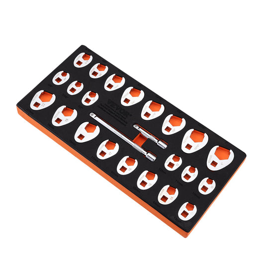 3/8" Drive Crowfoot skiftnyckelset med 2 förlängningsstänger, 24-delade Crows Foot skiftnyckelset, SAE 3/8"-1" och metriskt 10-22 mm, CR-MO stål Crowfoot skiftnyckelset, med EVA Tool Organizer
