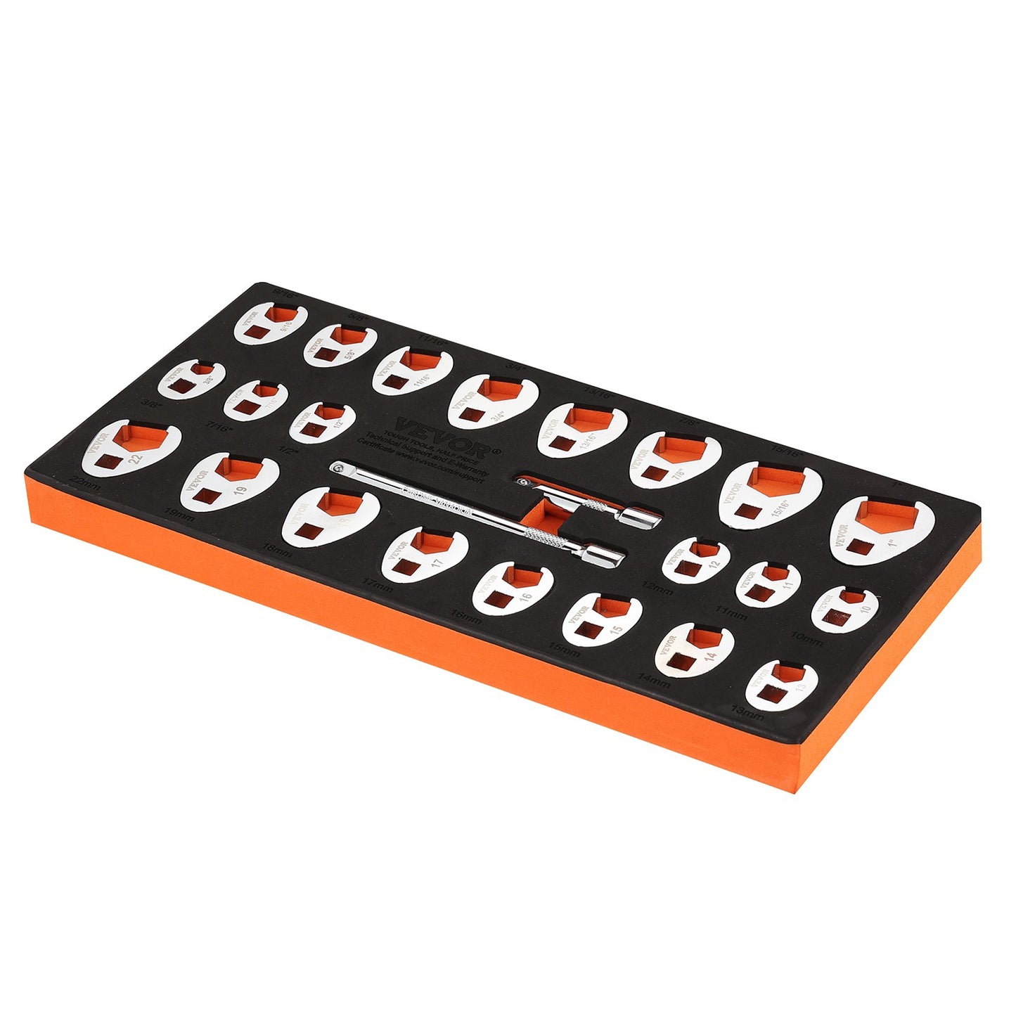 3/8" Drive Crowfoot skiftnyckelset med 2 förlängningsstänger, 24-delade Crows Foot skiftnyckelset, SAE 3/8"-1" och metriskt 10-22 mm, CR-MO stål Crowfoot skiftnyckelset, med EVA Tool Organizer