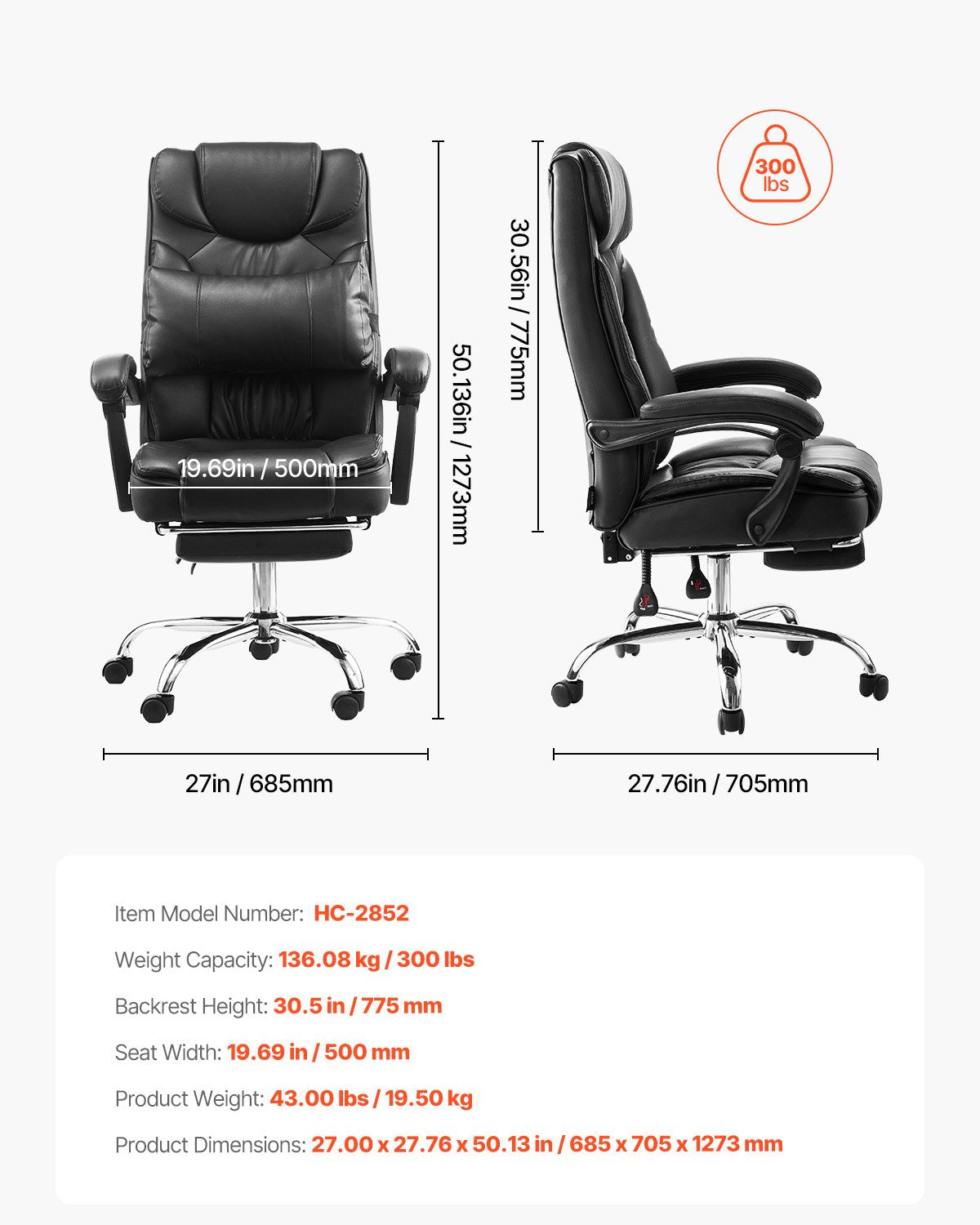 Executive Chair High Back Office Stol med Fotstöd Svankkudde Svart