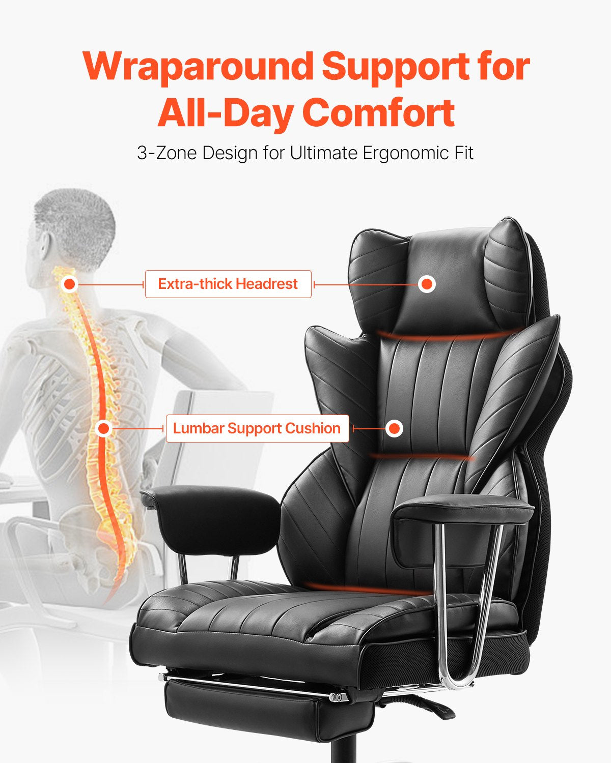 Executive Office Chair High Back Stol Fotstöd & avtagbara armstöd Svart