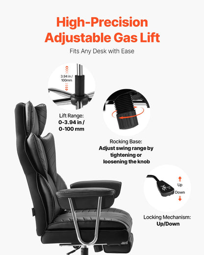 Executive Office Chair High Back Stol Fotstöd & avtagbara armstöd Svart