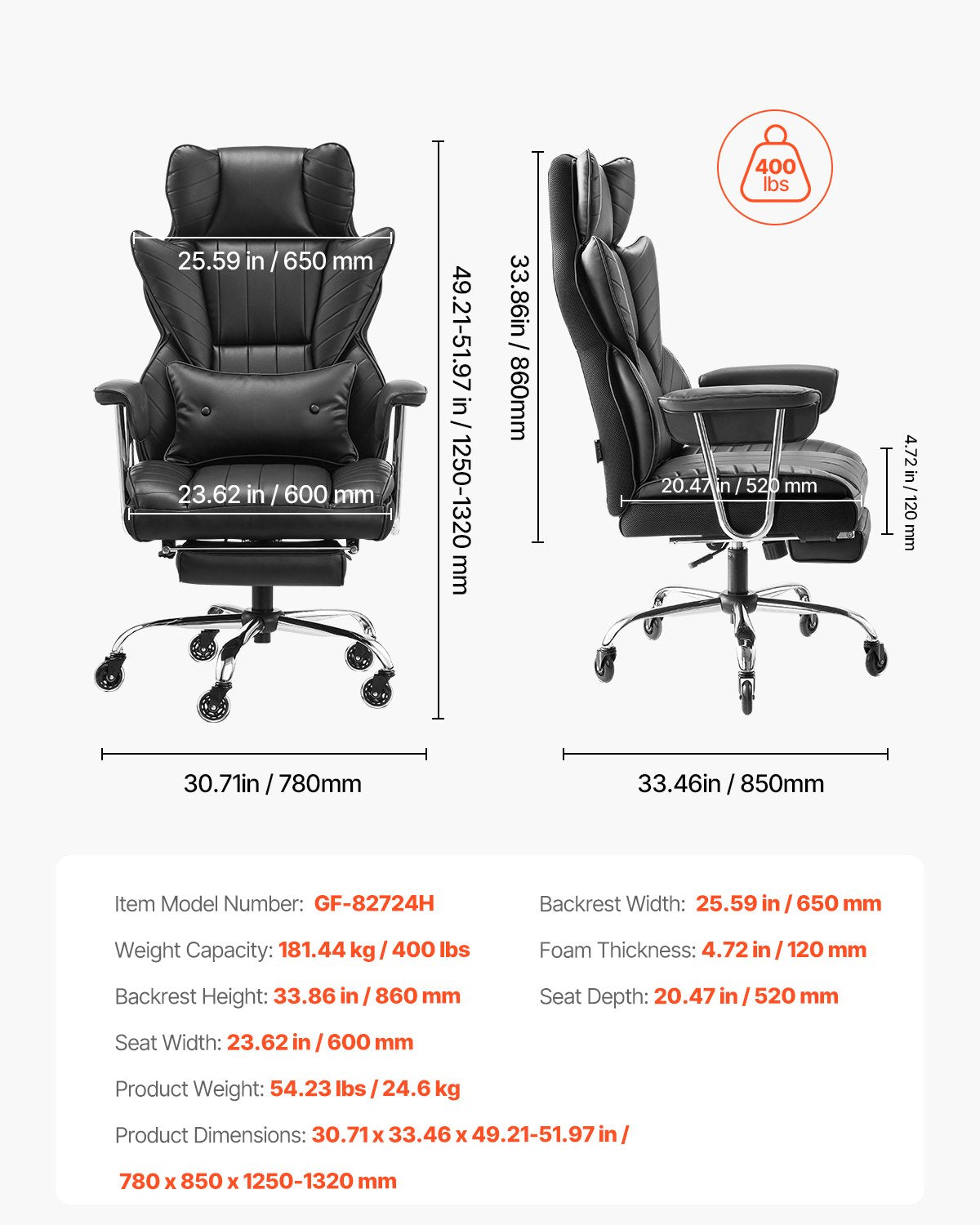 Executive Office Chair High Back Stol Fotstöd & avtagbara armstöd Svart