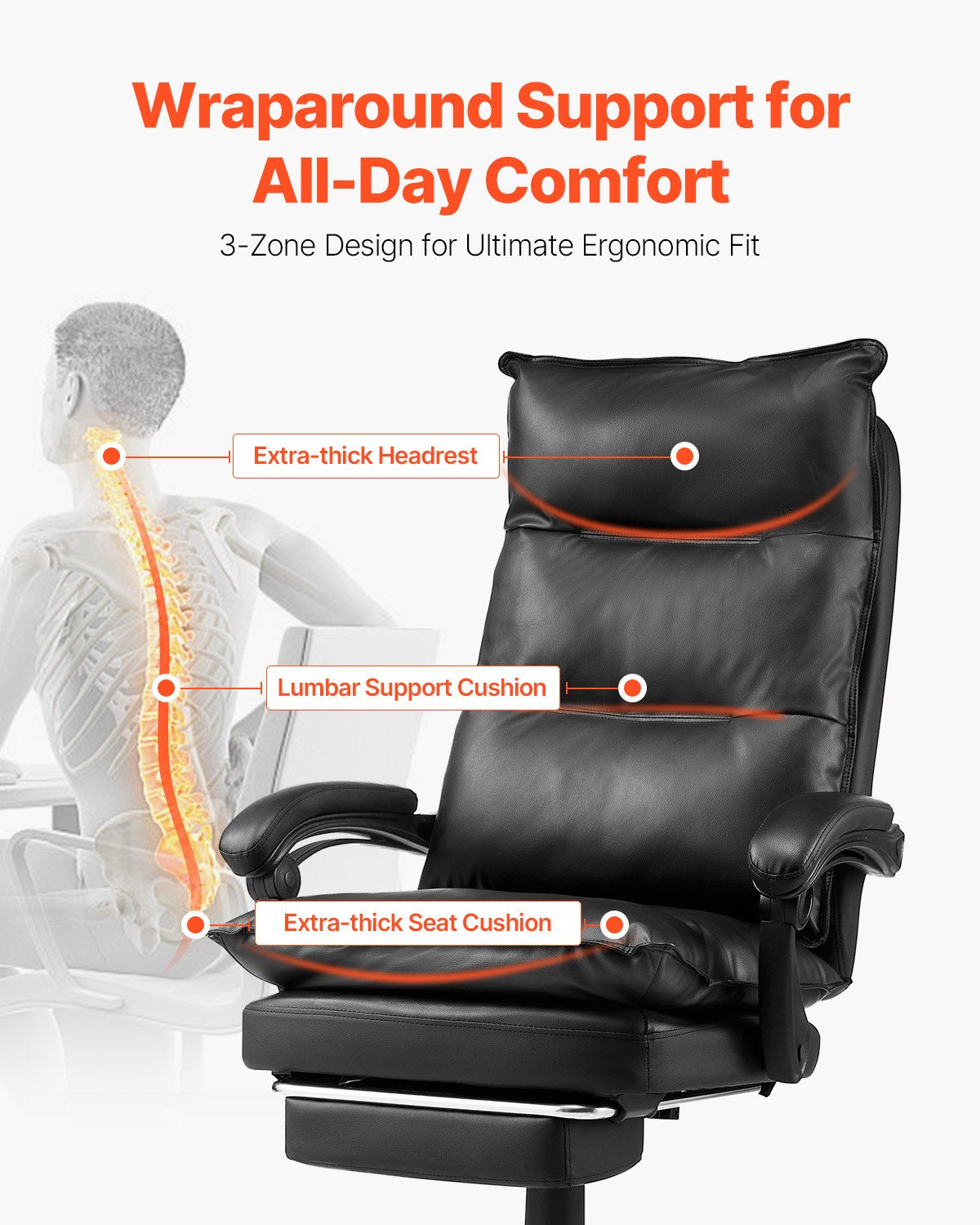 Executive Office Chair Hög rygg Stol med Fotstöd Svankkudde Svart