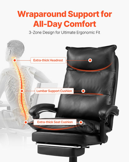 Executive Office Chair Hög rygg Stol med Fotstöd Svankkudde Svart
