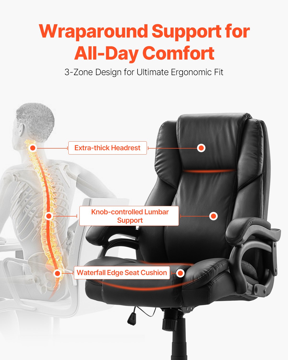 Executive Chair High Back Office Stol Knob-Control Svankstöd Svart