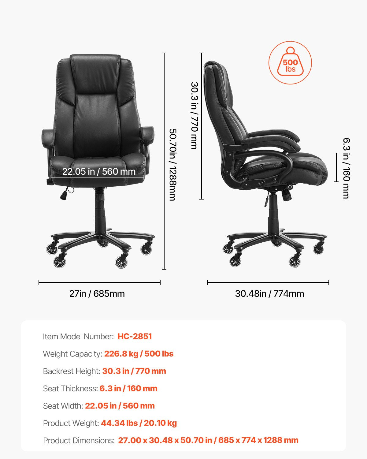 Executive Chair High Back Office Stol Knob-Control Svankstöd Svart