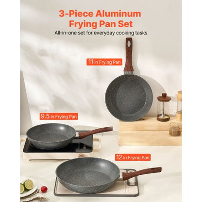 3-piece aluminum frying pan, frying pan, 250, 280, 325 mm, nonstick, seasoned, gray