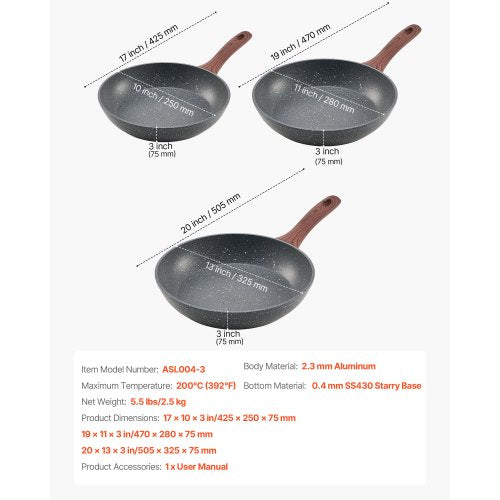 3-piece aluminum frying pan, frying pan, 250, 280, 325 mm, nonstick, seasoned, gray