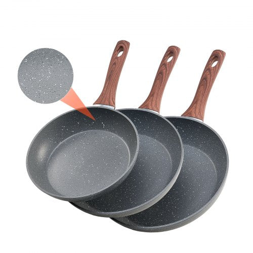 3-piece aluminum frying pan, frying pan, 250, 280, 325 mm, nonstick, seasoned, gray