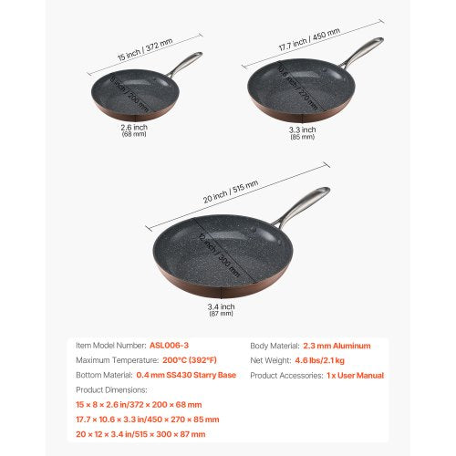 3-piece aluminum frying pan, frying pan, set with 200, 270, 300 mm handles, seasoned gray