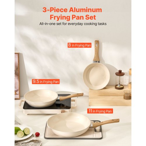 3-delars stekpanna i aluminium, stekpanna, set med 200, 240, 280 mm handtag, kryddad beige