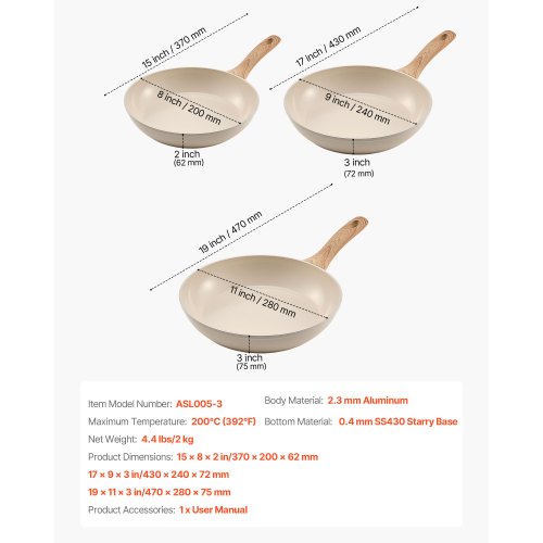 3-delars stekpanna i aluminium, stekpanna, set med 200, 240, 280 mm handtag, kryddad beige