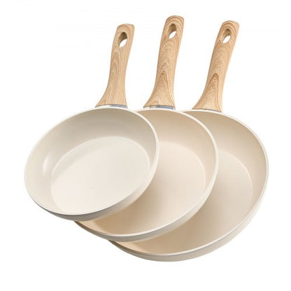 3-delars stekpanna i aluminium, stekpanna, set med 200, 240, 280 mm handtag, kryddad beige