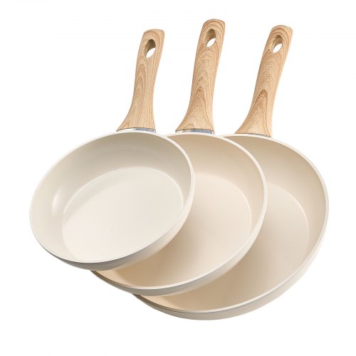 3-delars stekpanna i aluminium, stekpanna, set med 200, 240, 280 mm handtag, kryddad beige