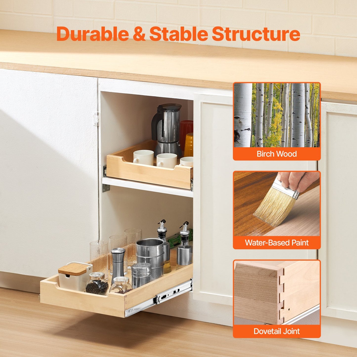 Pull Out Cabinet Organizer Soft Close Slideout Shelf Wooden Drawer 14"Wx21"D