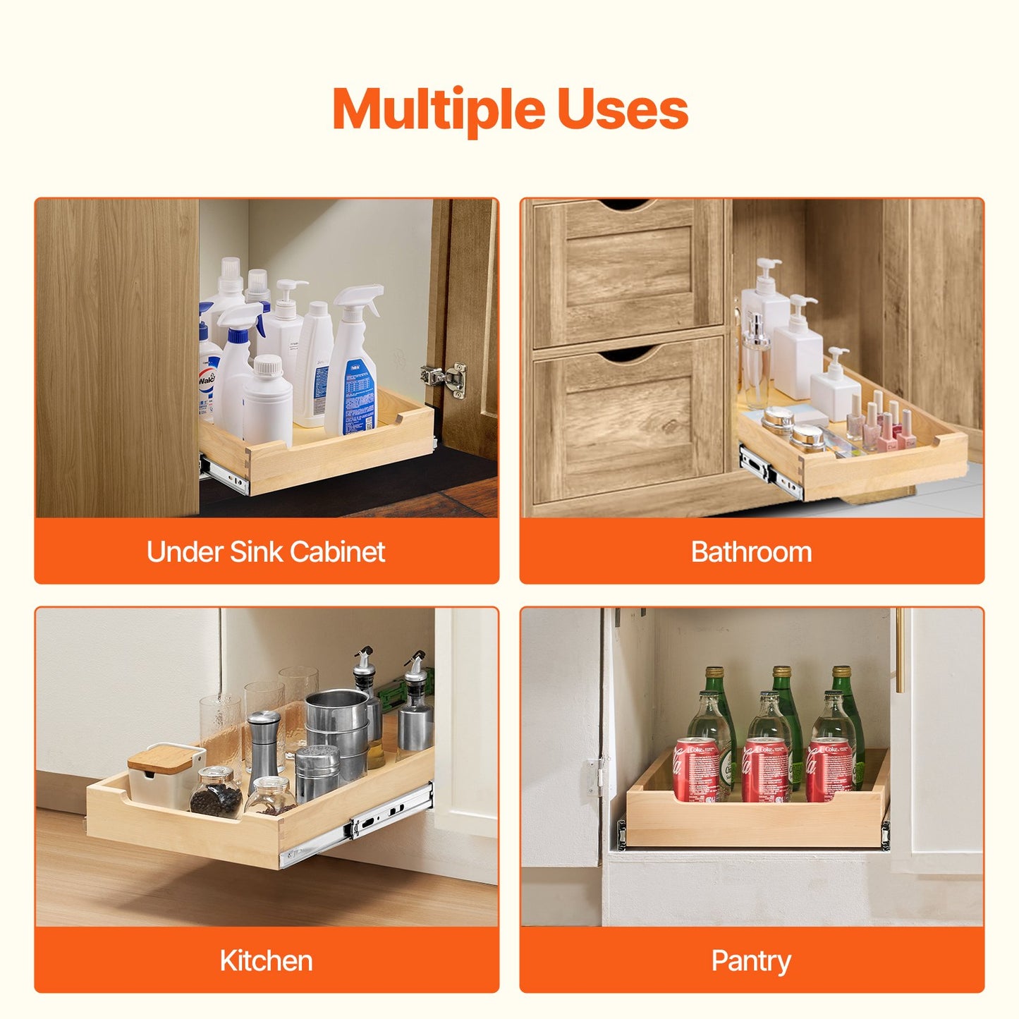 Pull Out Cabinet Organizer Soft Close Slideout Shelf Wooden Drawer 14"Wx21"D