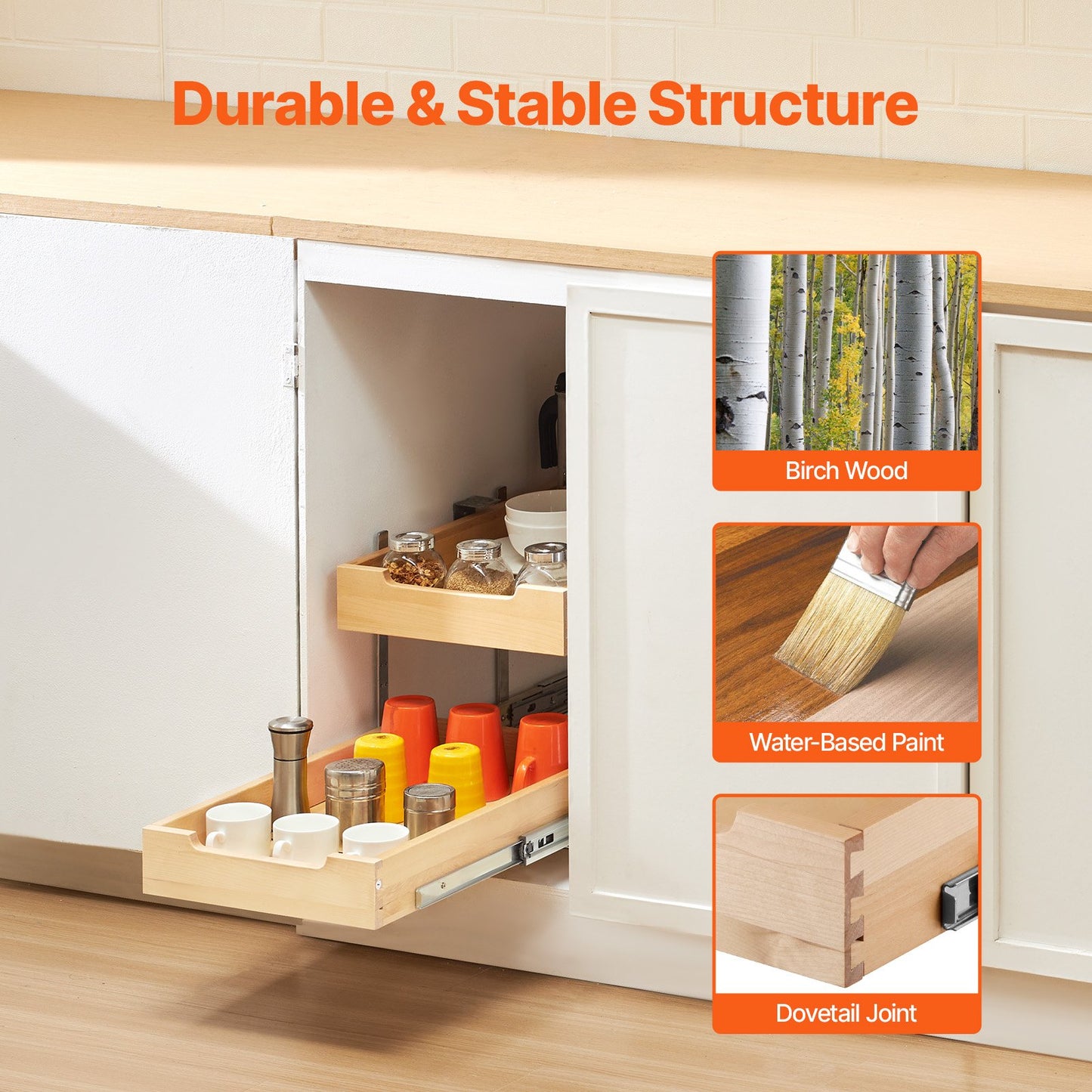 2-Tier Pull-Out Cabinet Organizer Soft Close Pull-Out Wooden Drawer 14"W x 21"D