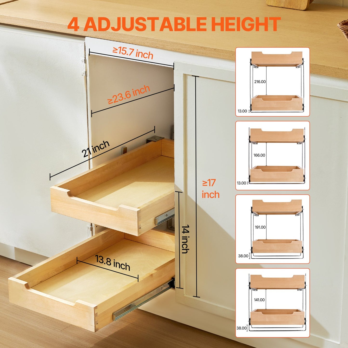 2-Tier Pull-Out Cabinet Organizer Soft Close Pull-Out Wooden Drawer 14"W x 21"D