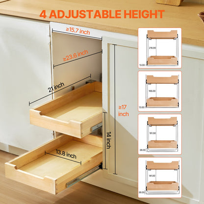 2-Tier Pull-Out Cabinet Organizer Soft Close Pull-Out Wooden Drawer 14"W x 21"D