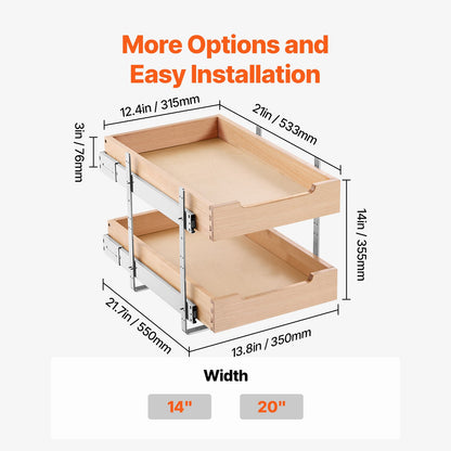 2-Tier Pull-Out Cabinet Organizer Soft Close Pull-Out Wooden Drawer 14"W x 21"D
