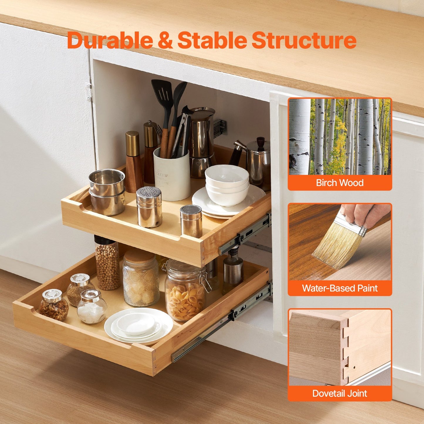 2-Tier Pull-Out Cabinet Organizer Soft Close Wooden Drawer 20"W x 21"D