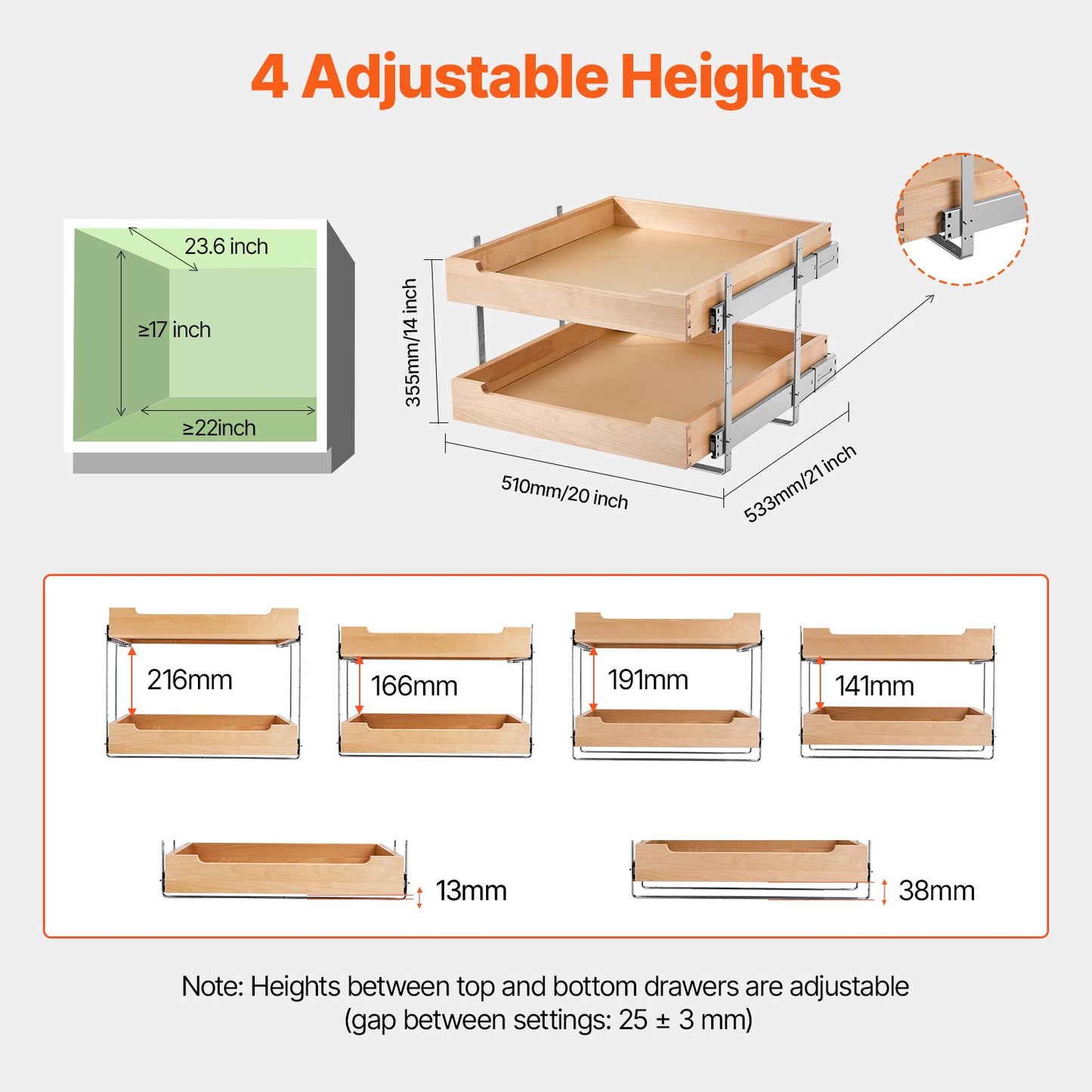 2-Tier Pull-Out Cabinet Organizer Soft Close Wooden Drawer 20"W x 21"D
