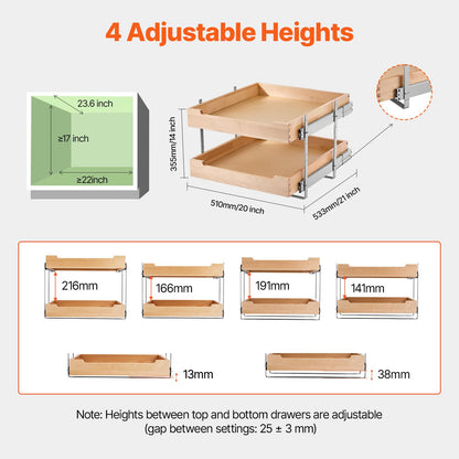 2-Tier Pull-Out Cabinet Organizer Soft Close Wooden Drawer 20"W x 21"D