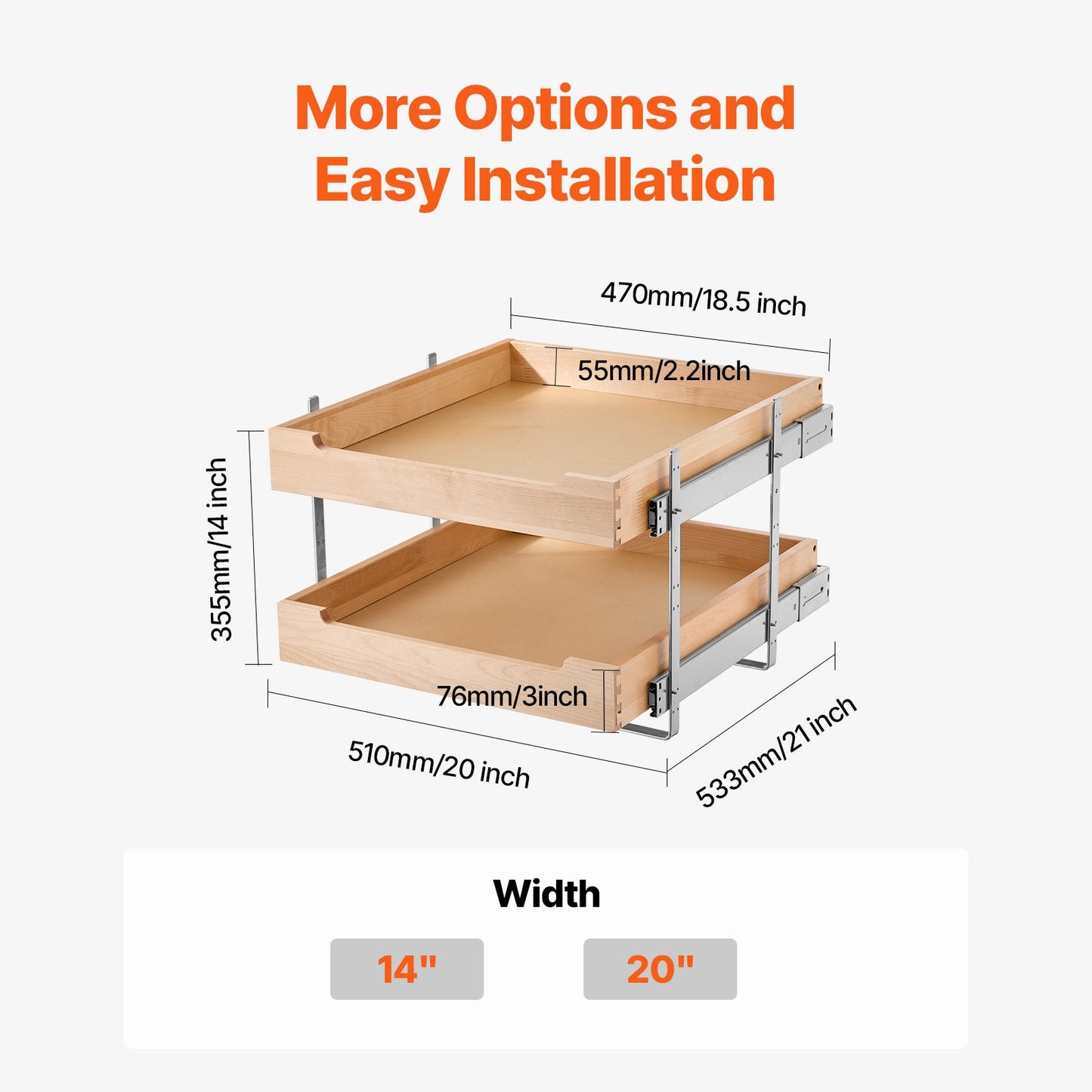 2-Tier Pull-Out Cabinet Organizer Soft Close Wooden Drawer 20"W x 21"D