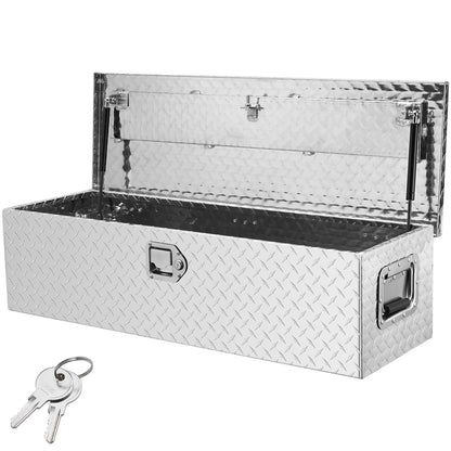 Heavy Duty lastbilsbädd i aluminium, verktygslåda med diamantplåt med sidohandtag och låsnycklar, förvaringsverktygslåda, låda för pickup, lastbilsbädd, husbil, släp, 39"x13"x10", silver