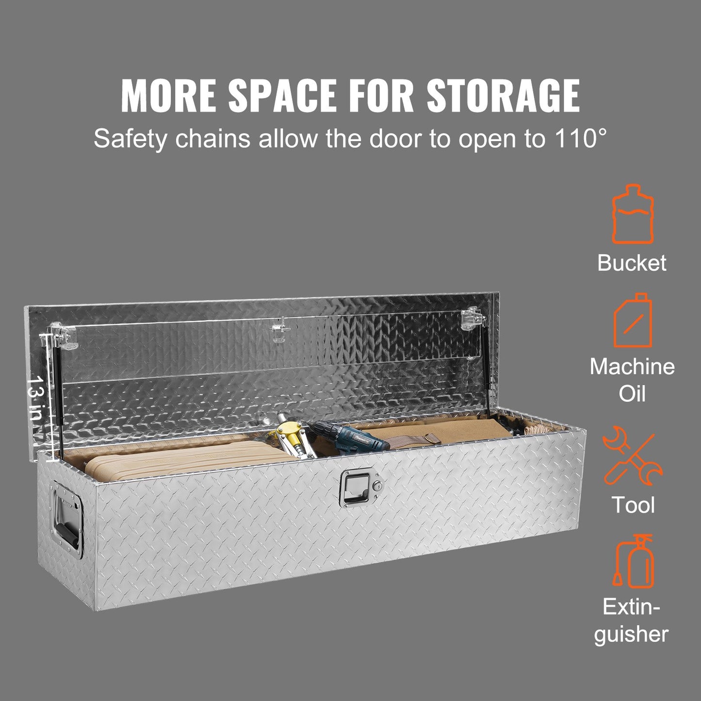 Heavy Duty lastbilsbädd i aluminium, verktygslåda med diamantplåt med sidohandtag och låsnycklar, förvaringsverktygslåda, förvaringsbox för pickup, lastbilsbädd, husbil, släp, 48"x15"x15", silver