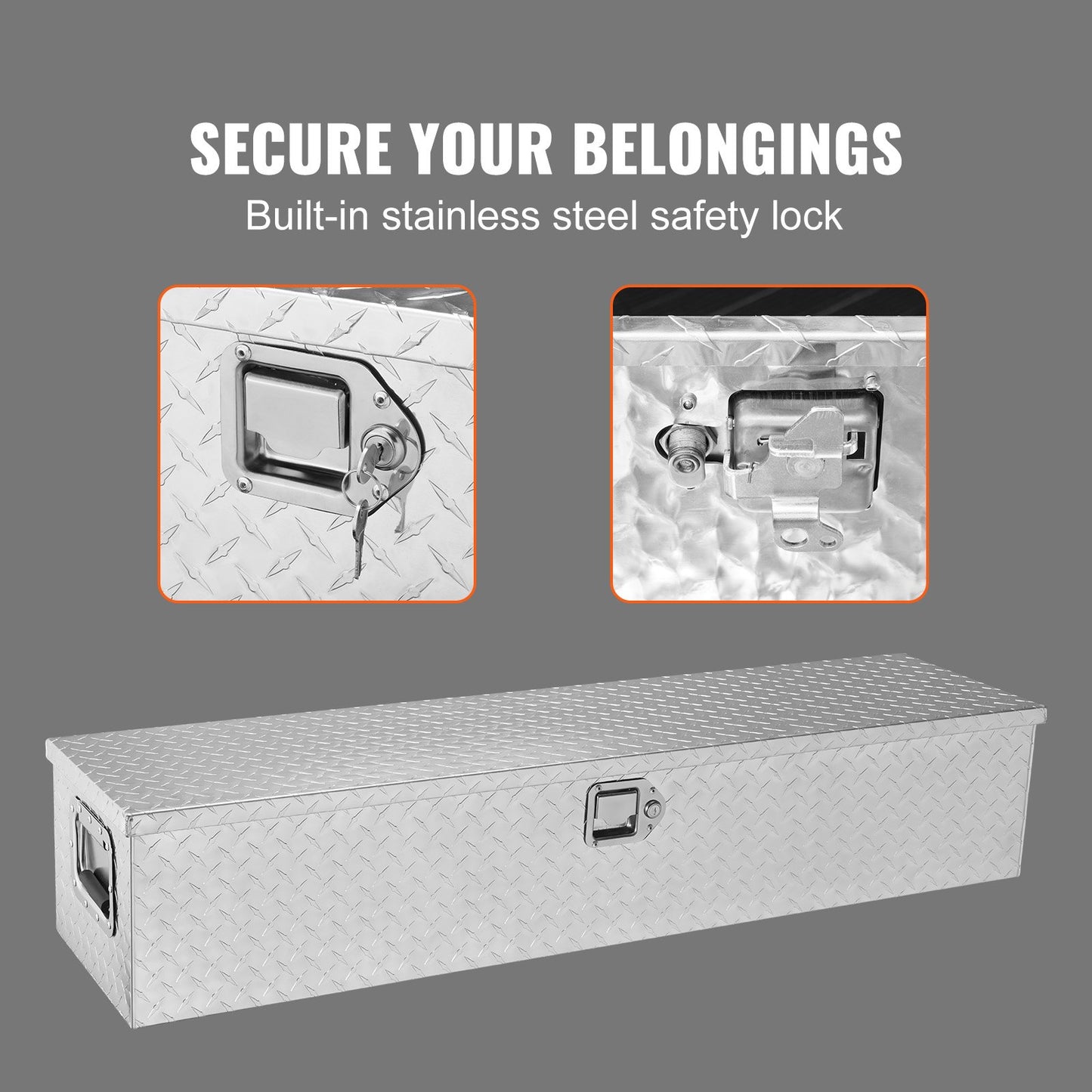 Heavy Duty lastbilsbädd i aluminium, verktygslåda med diamantplåt med sidohandtag och låsnycklar, förvaringsverktygslåda, förvaringsbox för pickup, lastbilsbädd, husbil, släp, 48"x15"x15", silver