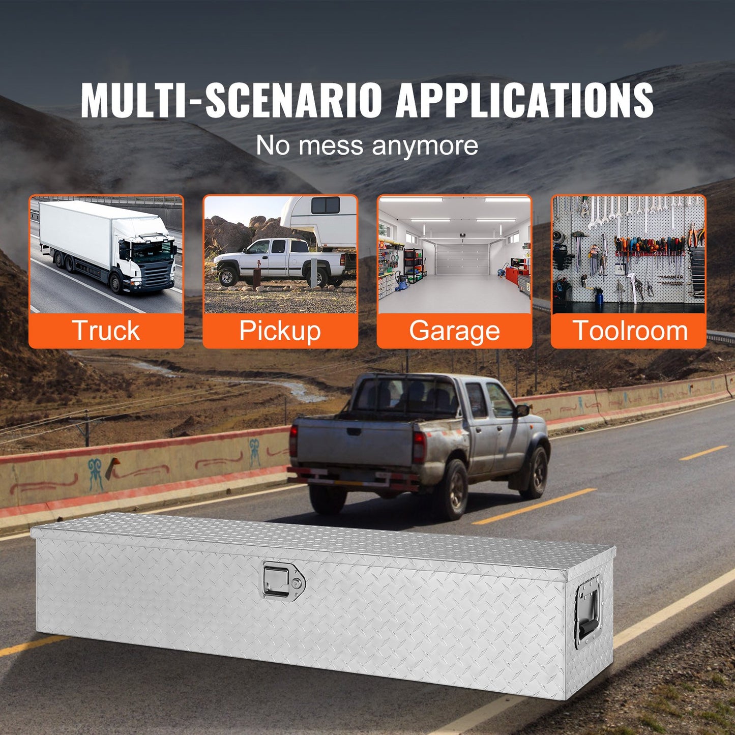 Heavy Duty lastbilsbädd i aluminium, verktygslåda med diamantplåt med sidohandtag och låsnycklar, förvaringsverktygslåda, förvaringsbox för pickup, lastbilsbädd, husbil, släp, 48"x15"x15", silver