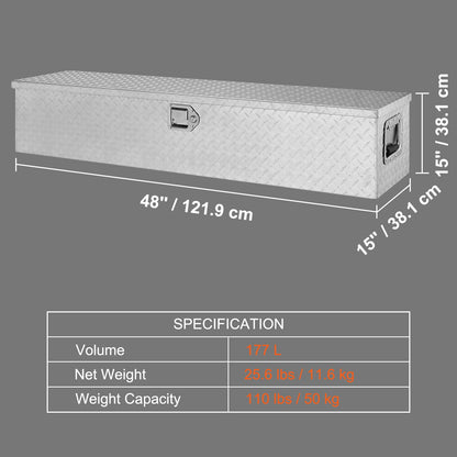 Heavy Duty lastbilsbädd i aluminium, verktygslåda med diamantplåt med sidohandtag och låsnycklar, förvaringsverktygslåda, förvaringsbox för pickup, lastbilsbädd, husbil, släp, 48"x15"x15", silver
