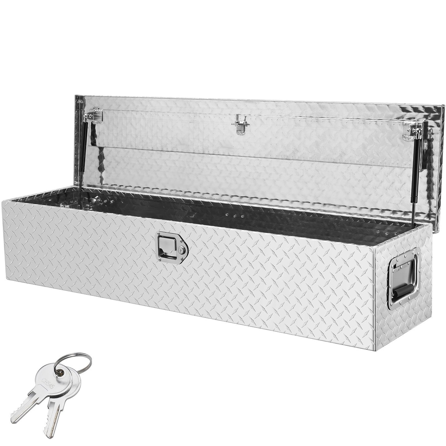 Heavy Duty lastbilsbädd i aluminium, verktygslåda med diamantplåt med sidohandtag och låsnycklar, förvaringsverktygslåda, förvaringsbox för pickup, lastbilsbädd, husbil, släp, 48"x15"x15", silver