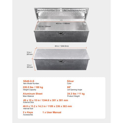 112 cm x 33 cm x 33 cm Robust verktygslåda i aluminium för lastbilsflak, pickup/husbil, silverfärgad