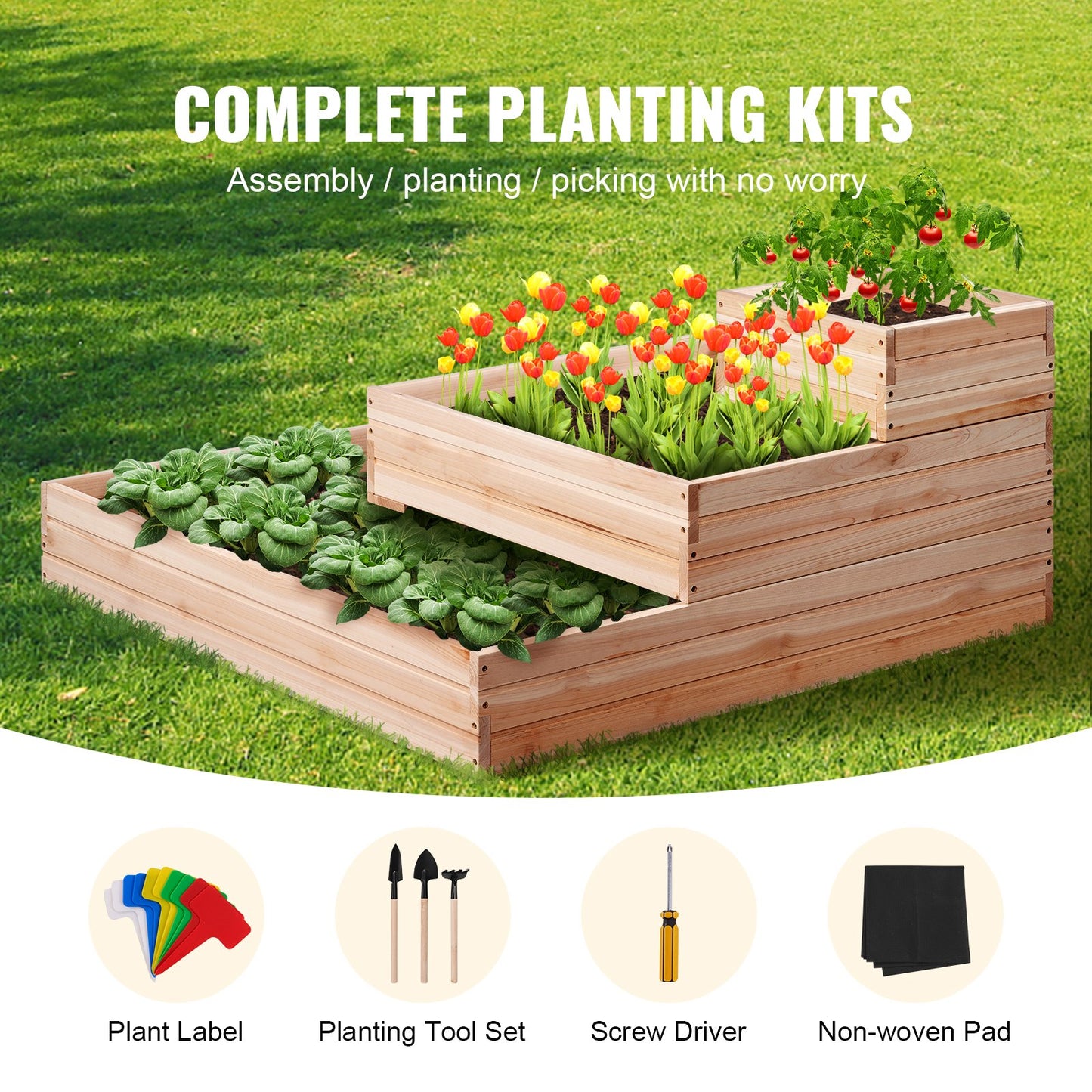 Raised Garden Bed, 3.7 x 3.7 x 1.7 ft Wooden Planter Boxes, Outdoor Planter Boxes with Open Base, for Growing Flowers/Vegetables/Herbs in Backyard/Garden/Patio/Balcony, Burlywood