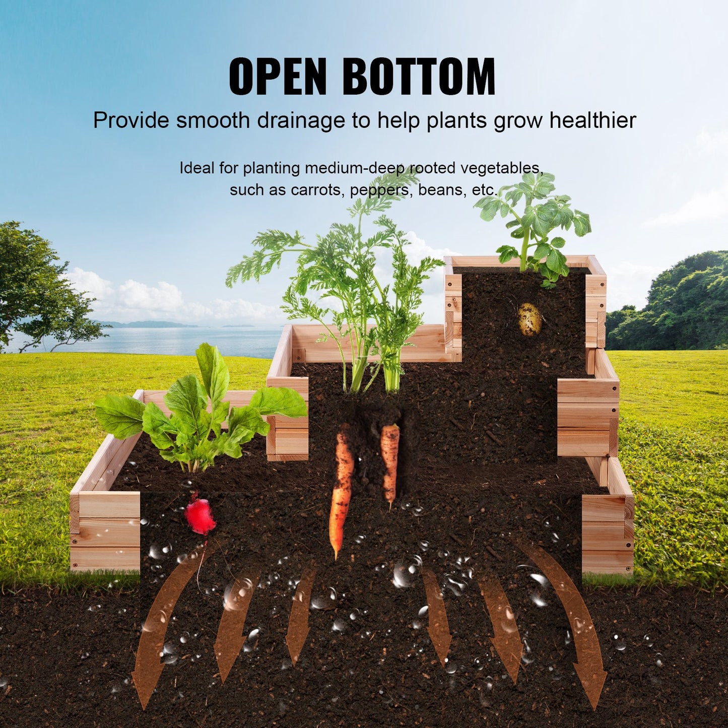 Raised Garden Bed, 3.7 x 3.7 x 1.7 ft Wooden Planter Boxes, Outdoor Planter Boxes with Open Base, for Growing Flowers/Vegetables/Herbs in Backyard/Garden/Patio/Balcony, Burlywood