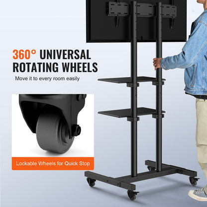 Mobile TV Stand, Mobile TV Cart for 32 to 70 Inch TVs, Height Adjustable Portable TV Stand with Wheels, Double Tray for Audiovisual Devices, Rolling TV Bench with Bracket for Bedroom, Living Room