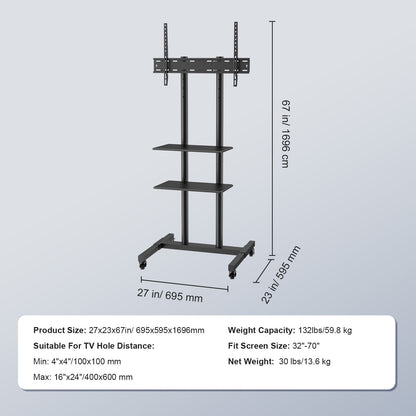 Mobile TV Stand, Mobile TV Cart for 32 to 70 Inch TVs, Height Adjustable Portable TV Stand with Wheels, Double Tray for Audiovisual Devices, Rolling TV Bench with Bracket for Bedroom, Living Room