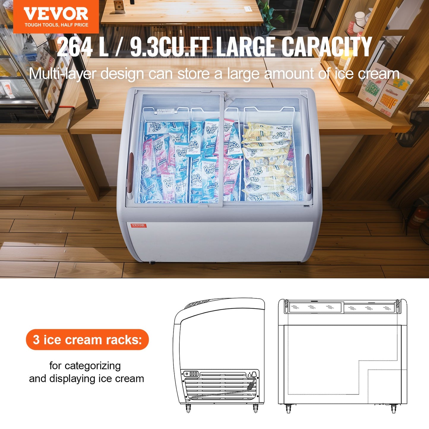 264 L Commercial Glass Display Case Gelato Freezer Cabinet