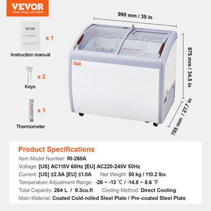 264 L Commercial Glass Display Case Gelato Freezer Cabinet