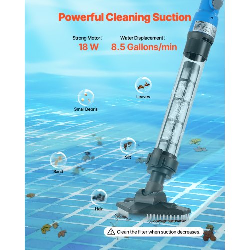 Pool Vacuum Cleaner 8.5 GPM Rechargeable Pool Cleaning Max. 1H with Extension Pole | EU