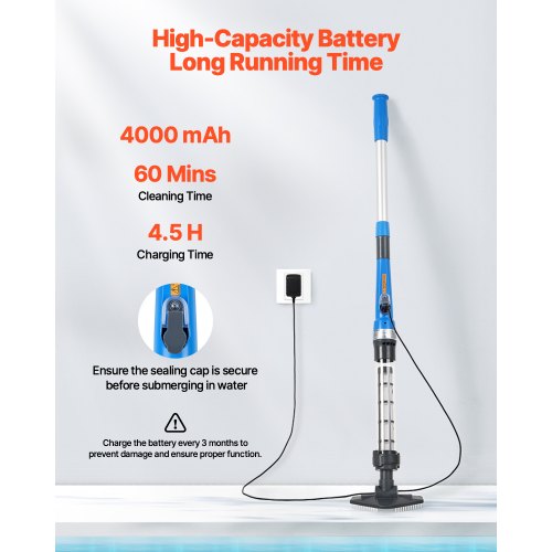 Pool Vacuum Cleaner 8.5 GPM Rechargeable Pool Cleaning Max. 1H with Extension Pole | EU