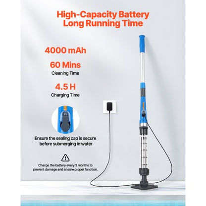 Pool Vacuum Cleaner 8.5 GPM Rechargeable Pool Cleaning Max. 1H with Extension Pole | EU