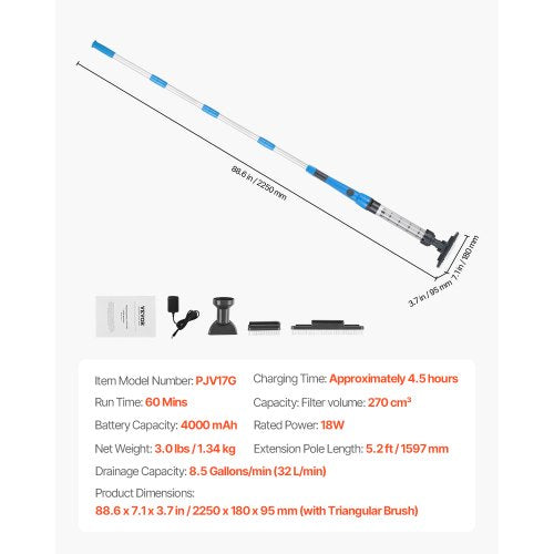 Pool Vacuum Cleaner 8.5 GPM Rechargeable Pool Cleaning Max. 1H with Extension Pole | EU